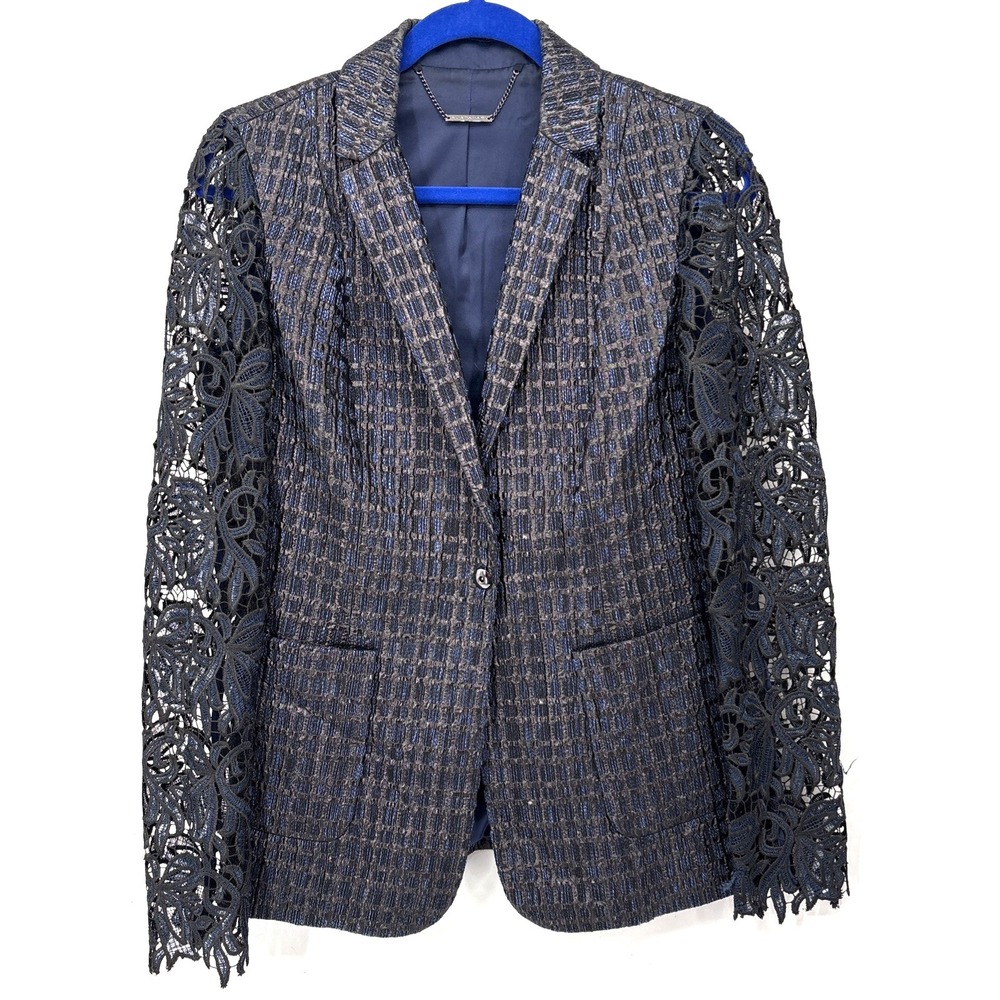 Elie Tahari Rooney Blazer 4 Blue Metallic Guipure Lace Cocktail Witchy